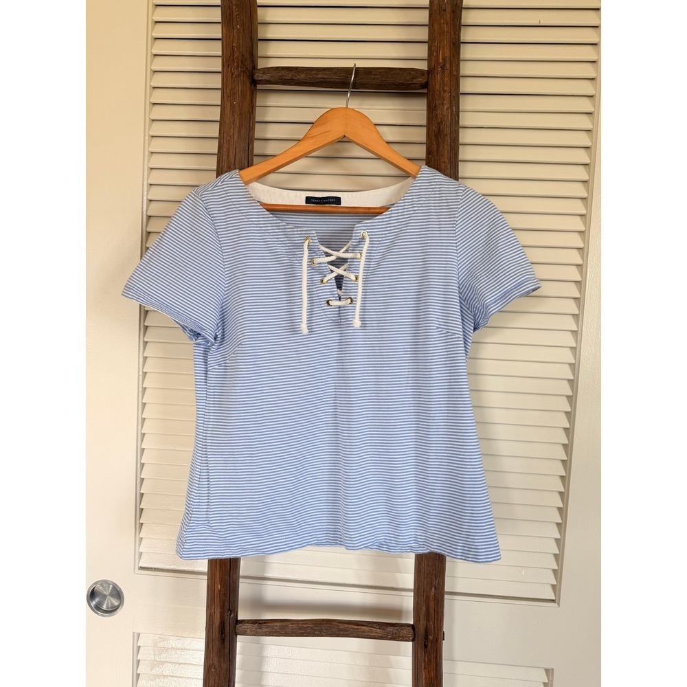 Tommy Hilfiger Striped‎ Lace Up Short Sleeve Top Blue White Size M